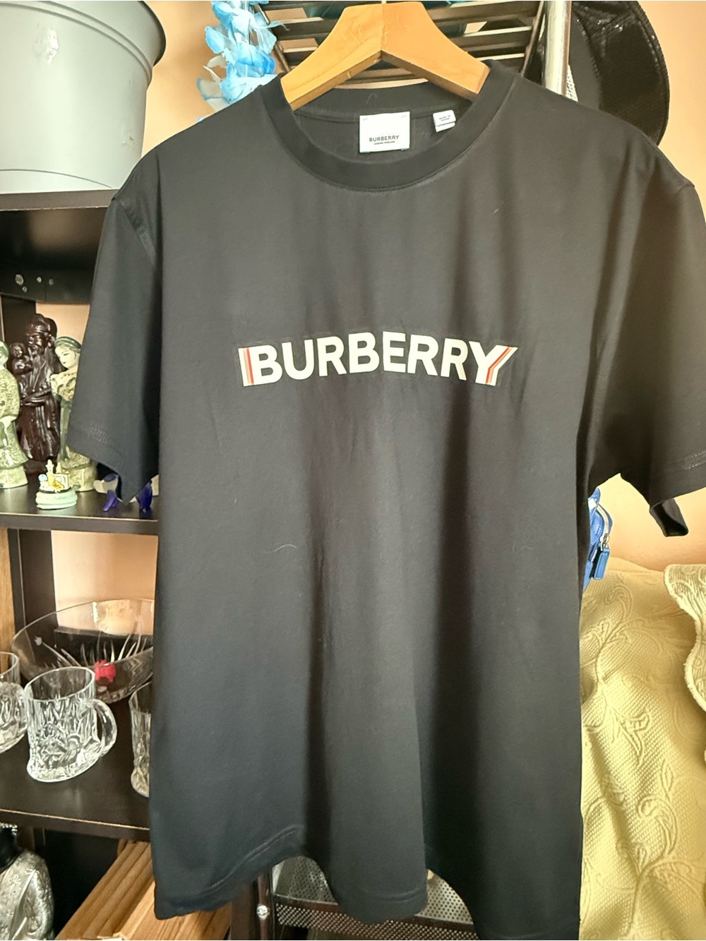 Burberry Black Logo Crew Neck Tee with White and Red Accent
